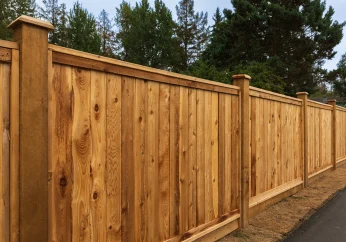 Tall wooden privacy fence with evenly spaced posts along a residential edge.